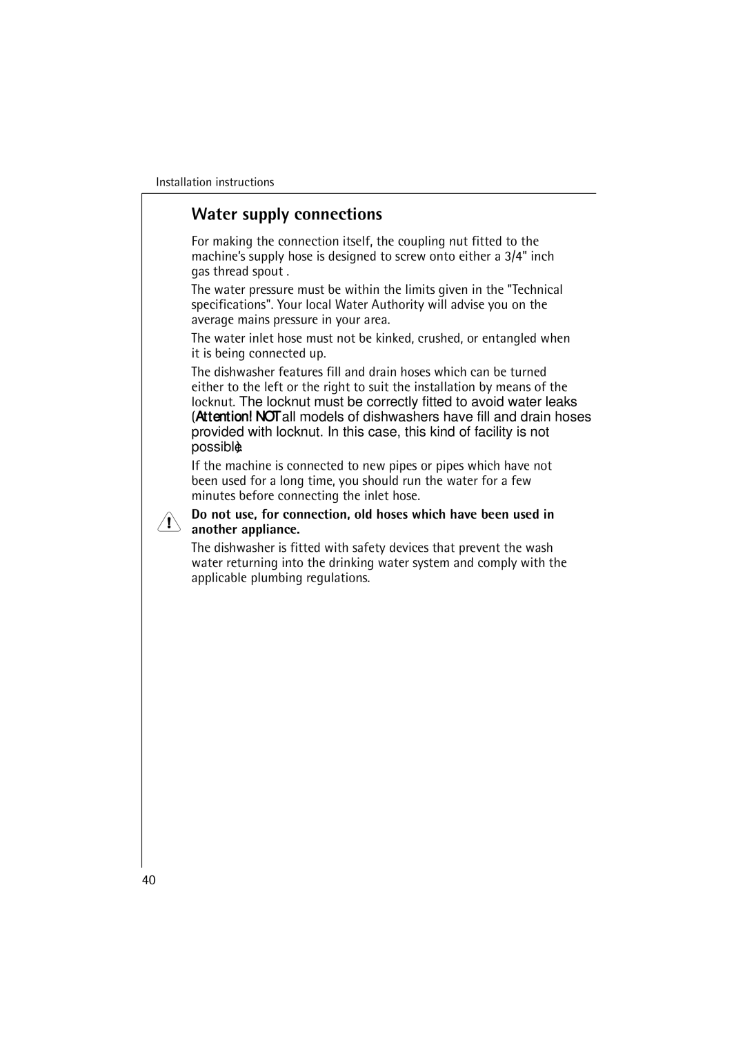 Electrolux 54850 S manual Water supply connections 