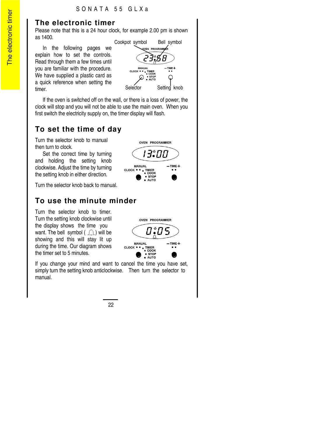 Electrolux 55 GLXA installation instructions Electronic timer, To set the time of day, To use the minute minder 