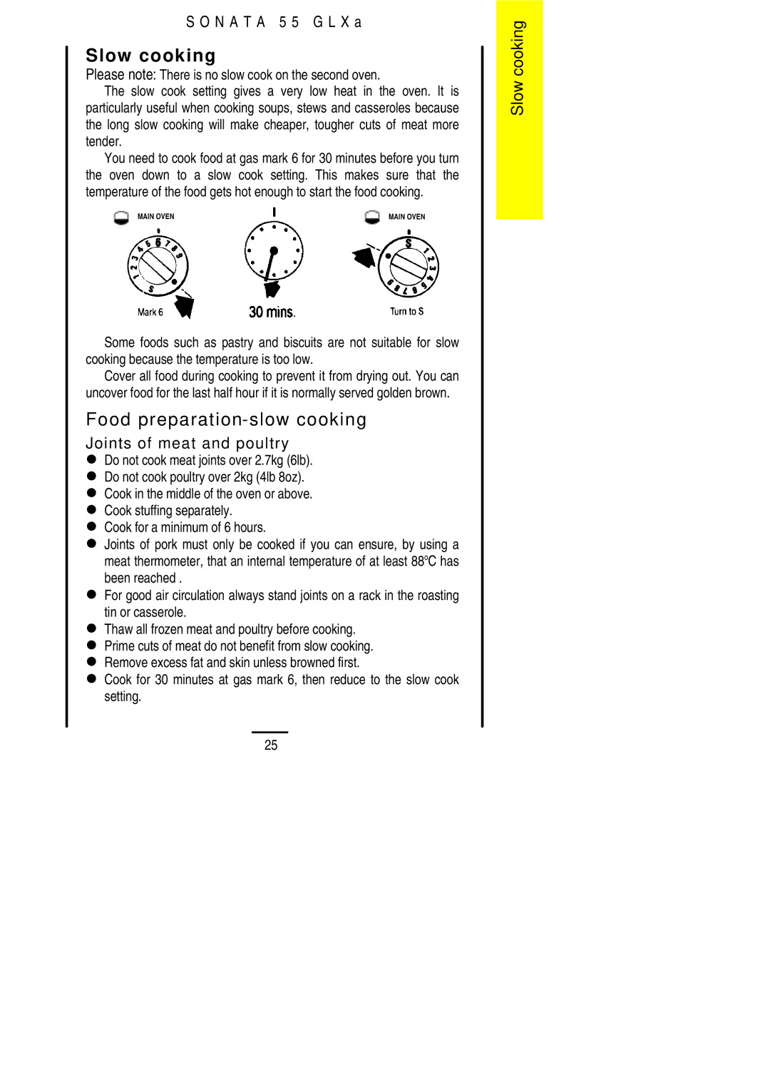 Electrolux 55 GLXA installation instructions Slow cooking, Food preparation-slow cooking, Joints of meat and poultry 