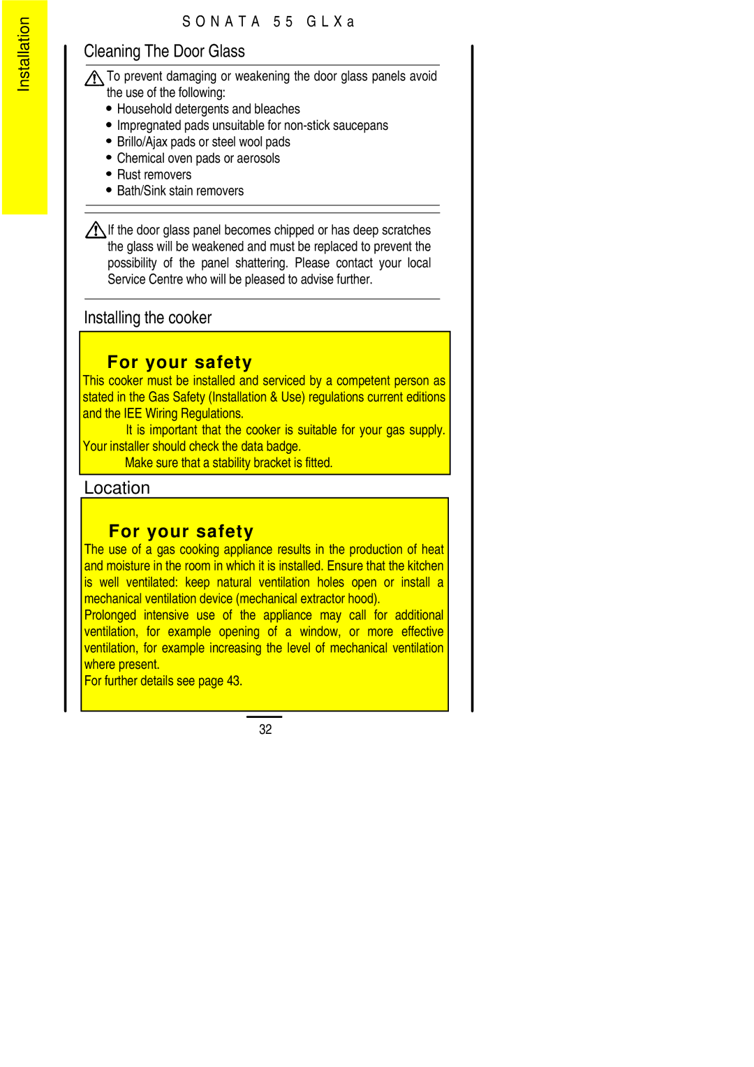 Electrolux 55 GLXA installation instructions Cleaning The Door Glass, Installing the cooker, Location 