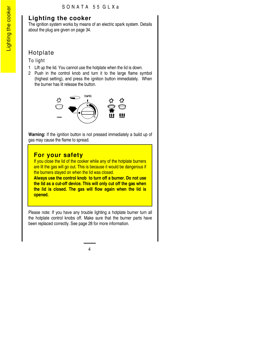 Electrolux 55 GLXA installation instructions Lighting the cooker, Hotplate, To light 