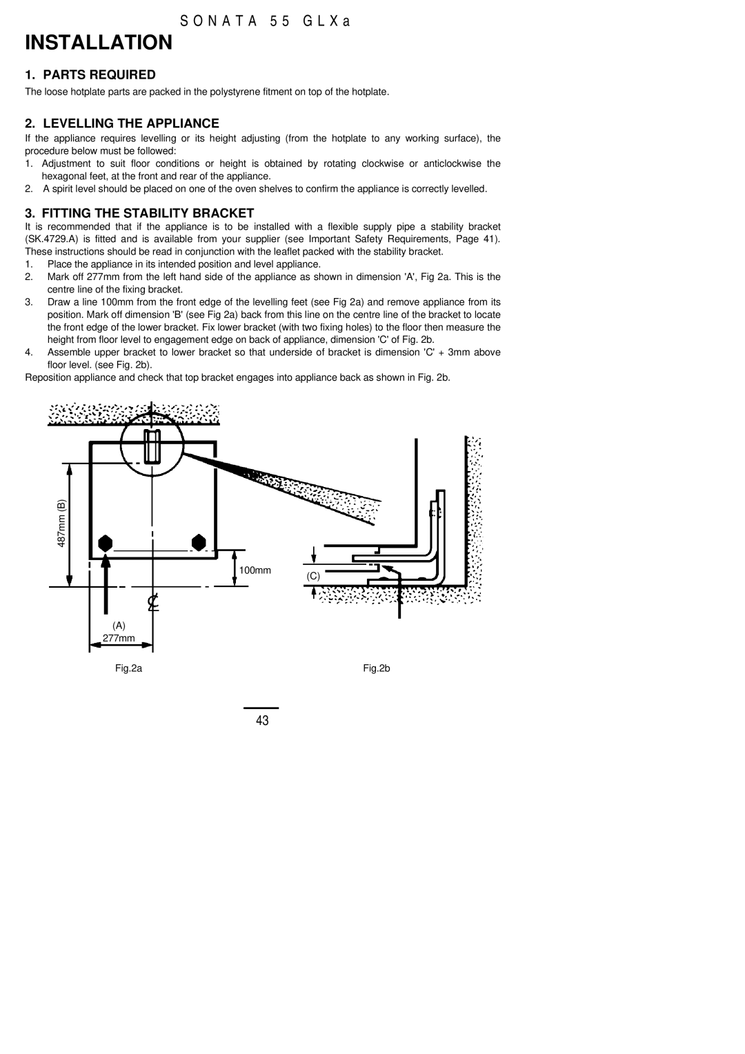 Electrolux 55 GLXA installation instructions Parts Required, Levelling the Appliance, Fitting the Stability Bracket 