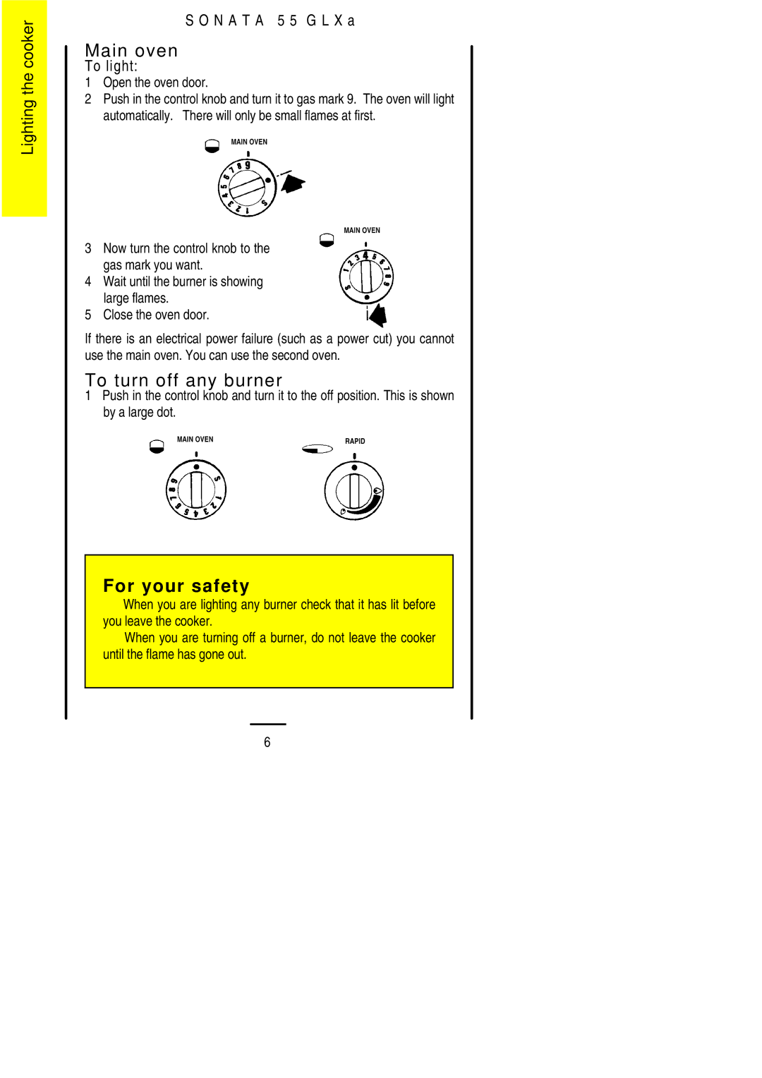 Electrolux 55 GLXA installation instructions Main oven, To turn off any burner 