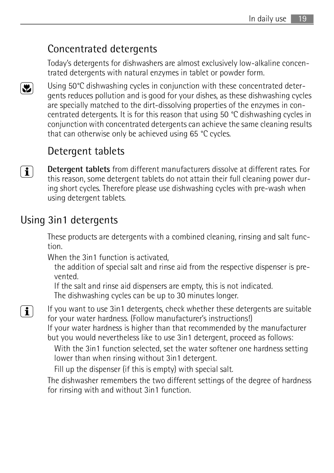 Electrolux 55090I user manual Concentrated detergents, Detergent tablets, Using 3in1 detergents 