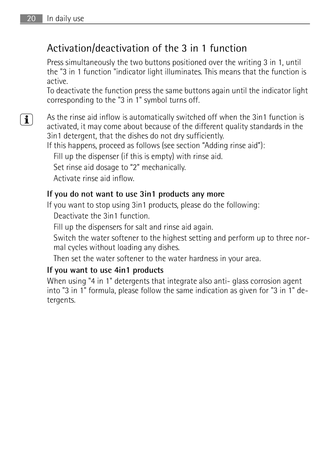 Electrolux 55090I user manual Activation/deactivation of the 3 in 1 function 