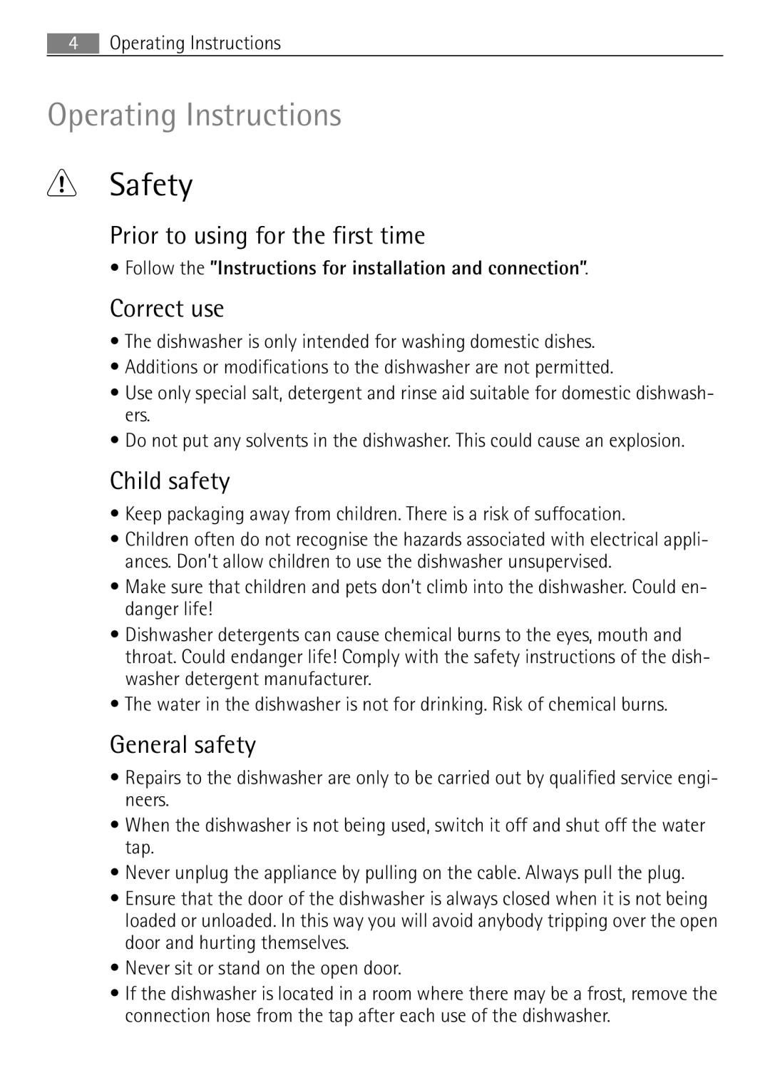 Electrolux 55090I user manual Safety, Prior to using for the first time, Correct use, Child safety, General safety 