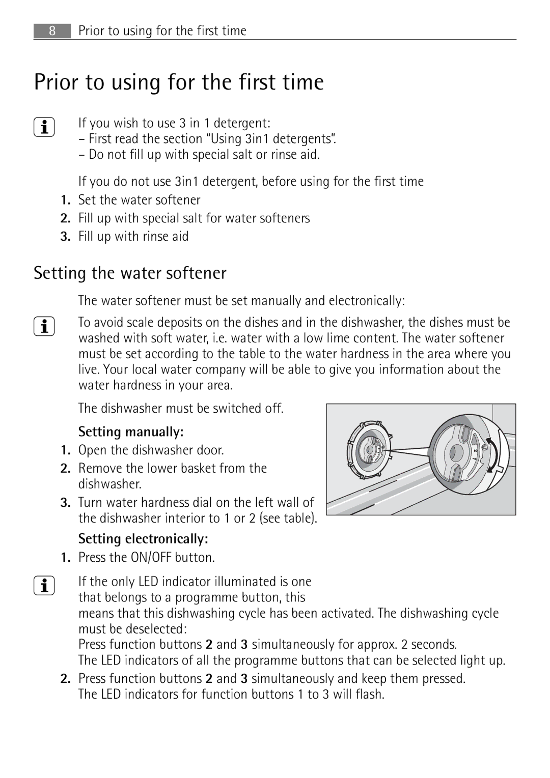 Electrolux 55090I user manual Prior to using for the first time, Setting the water softener 