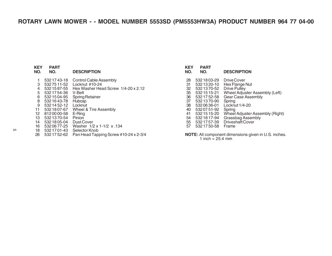 Electrolux 5553SD (PM5553HW3A) manual KEY Part Description 