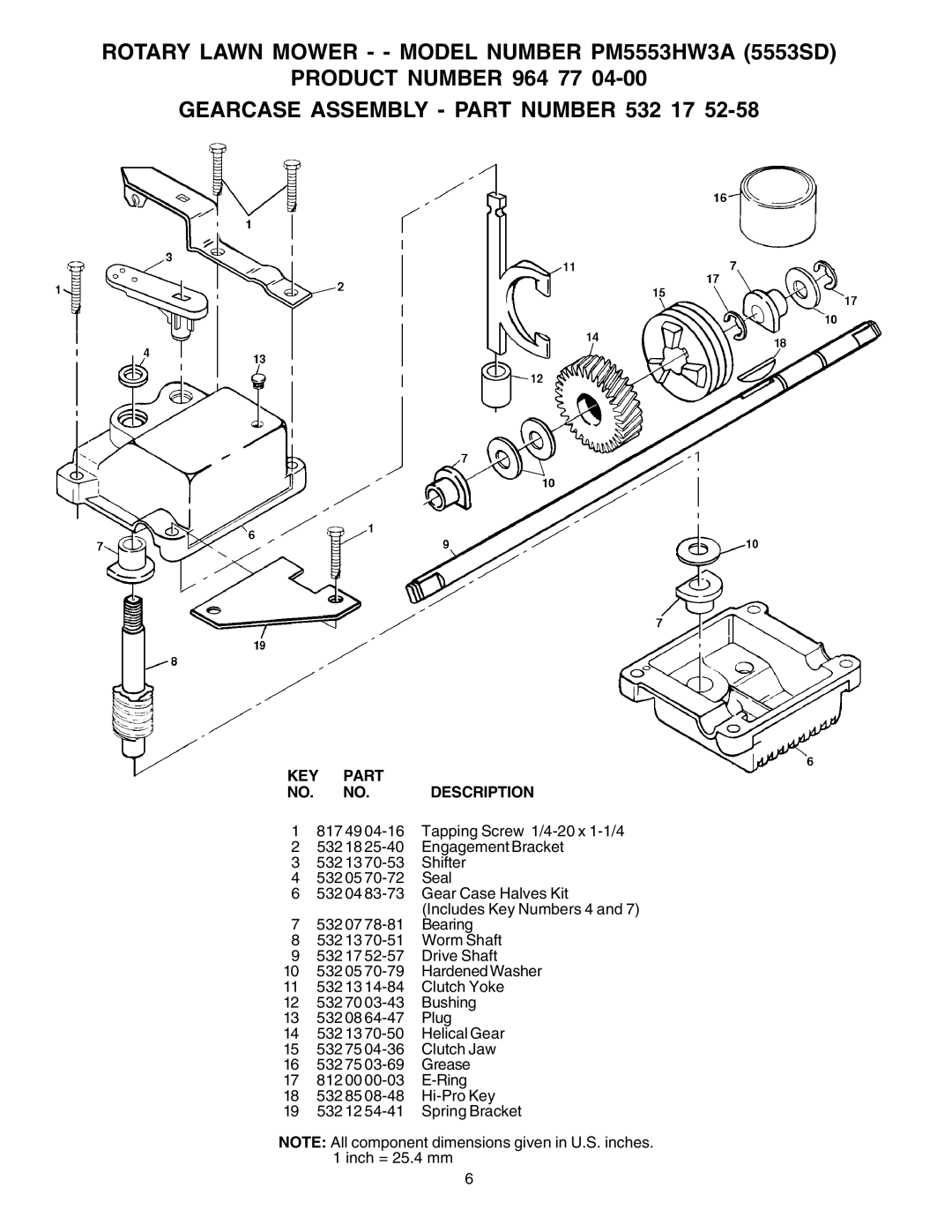 Electrolux 5553SD (PM5553HW3A) manual Gearcase Assembly Part Number 532 17, KEY Part NO. NO. Description 