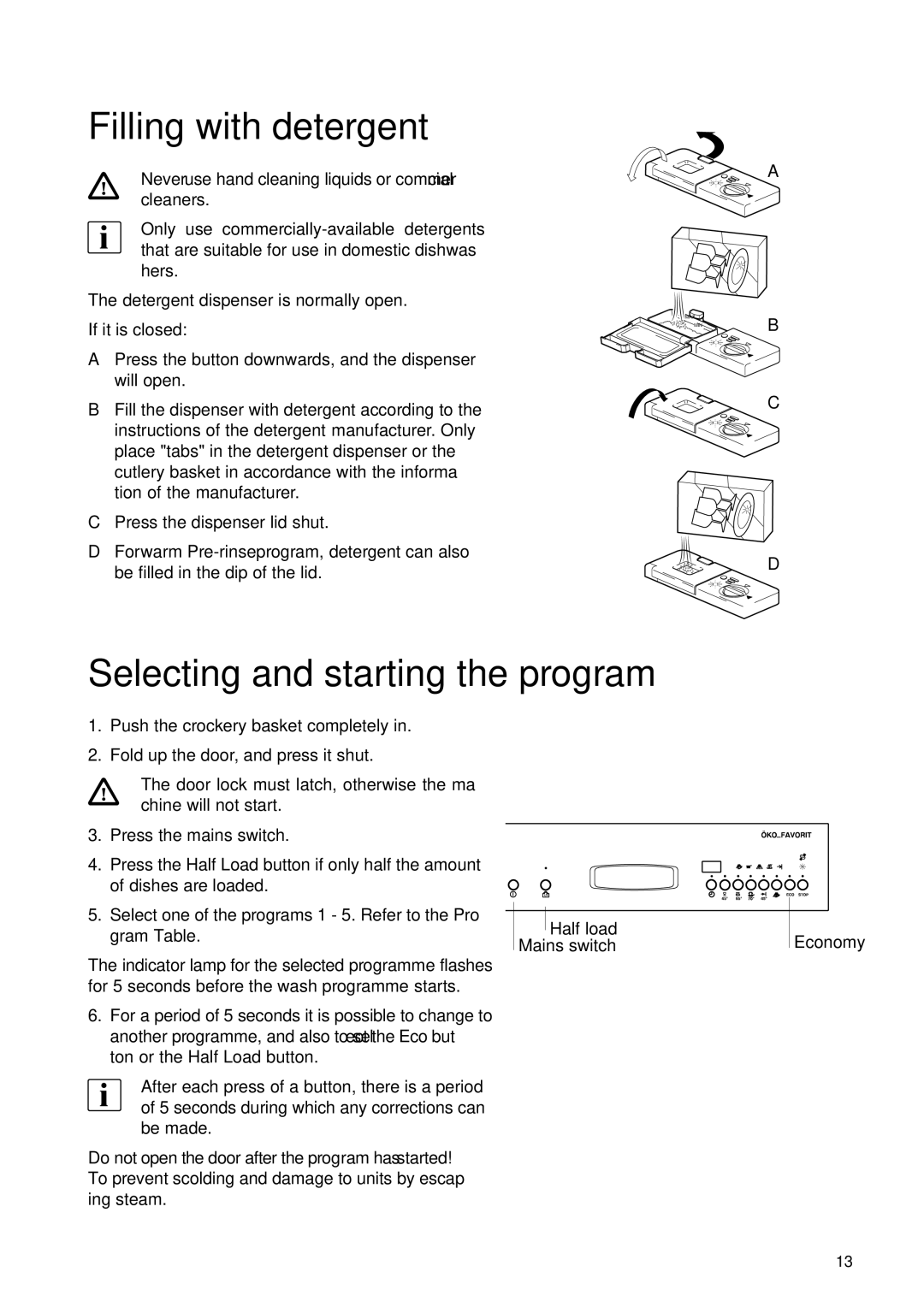 Electrolux 55750 manual Filling with detergent, Selecting and starting the program 