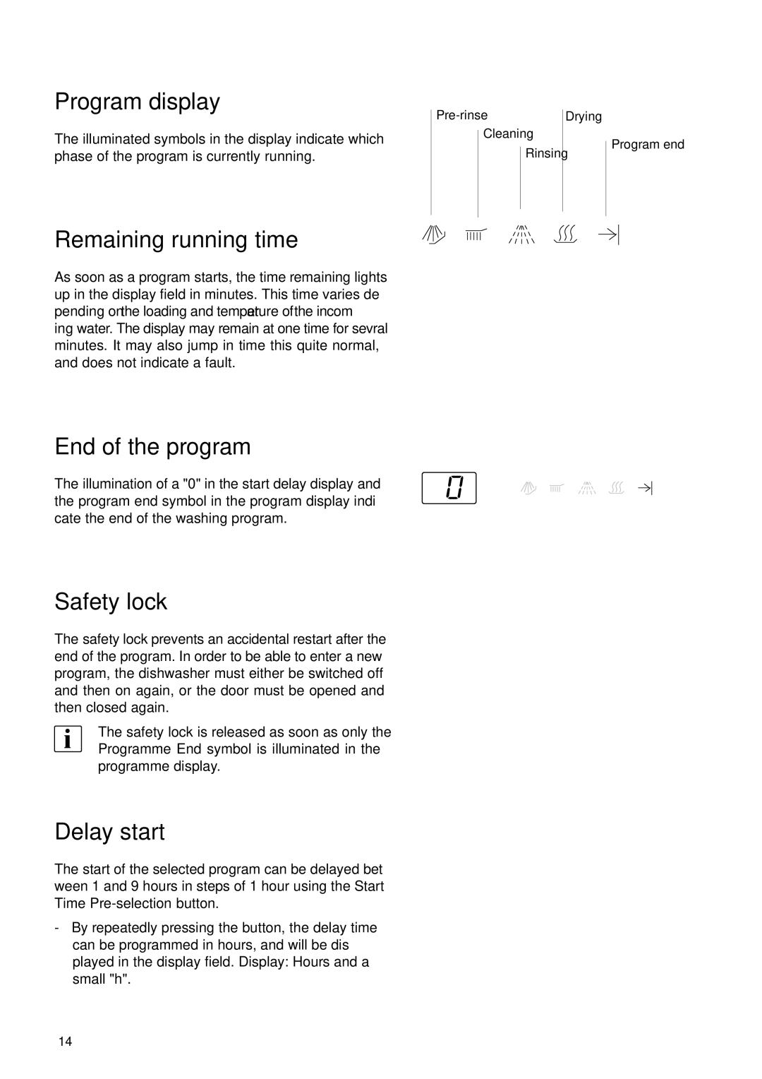 Electrolux 55750 manual Program display, Remaining running time, End of the program, Safety lock, Delay start 