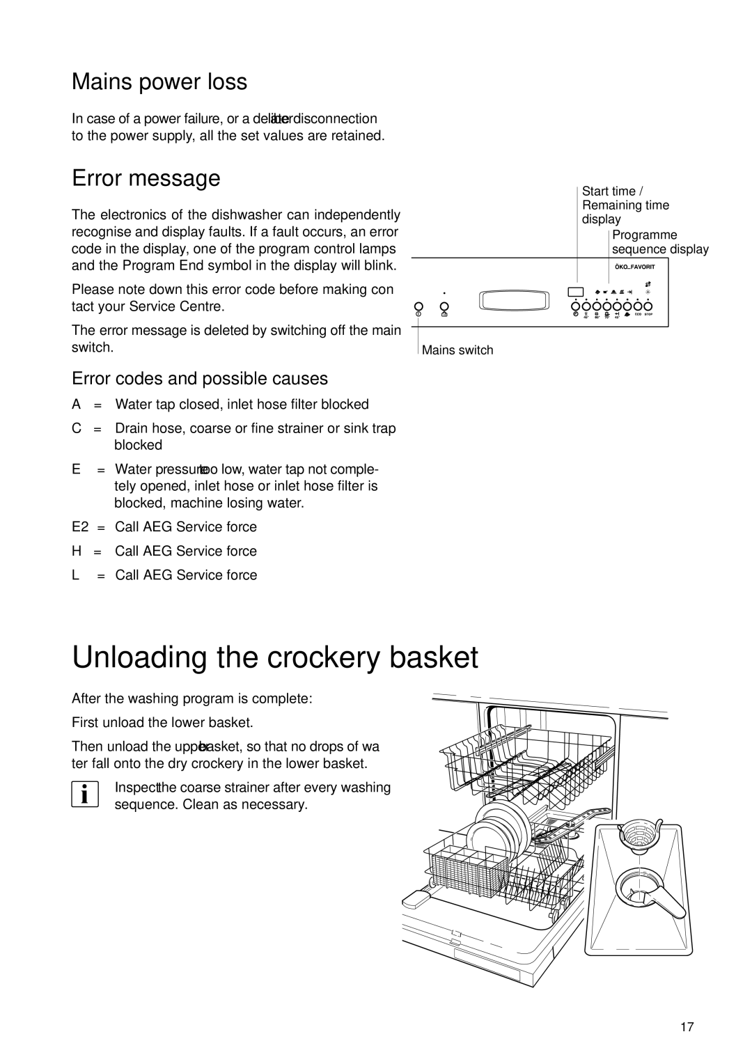 Electrolux 55750 manual Unloading the crockery basket, Mains power loss, Error message, Error codes and possible causes 