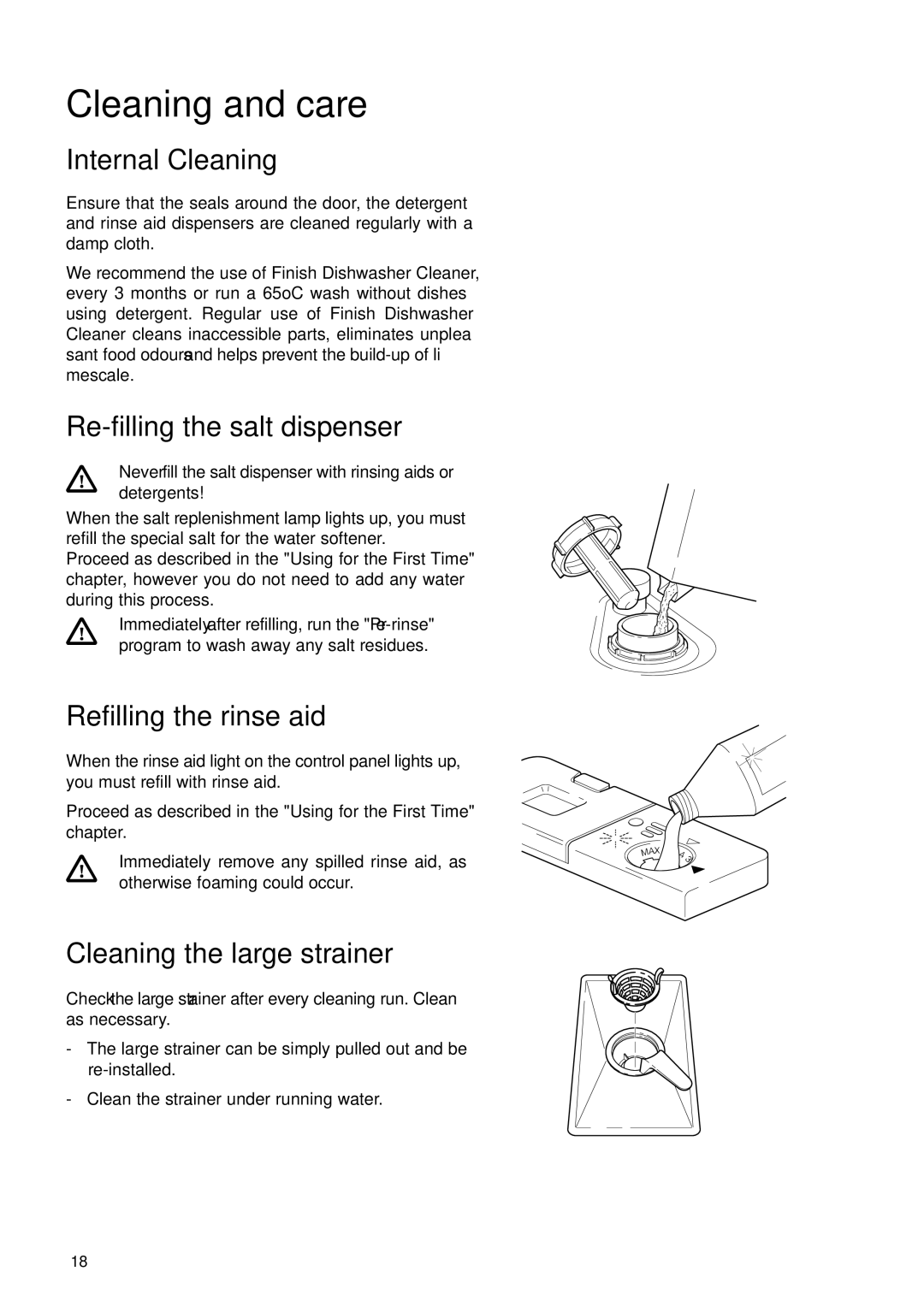 Electrolux 55750 manual Cleaning and care, Internal Cleaning, Re-filling the salt dispenser, Refilling the rinse aid 