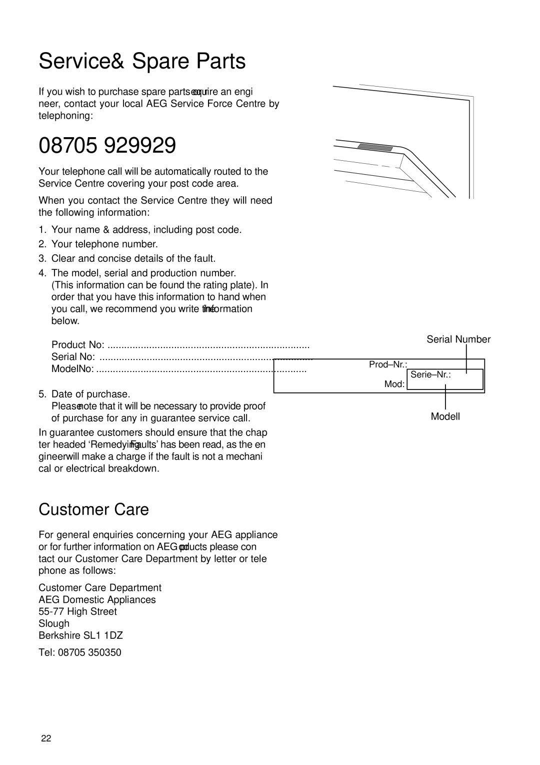 Electrolux 55750 manual Service & Spare Parts, 08705, Customer Care 