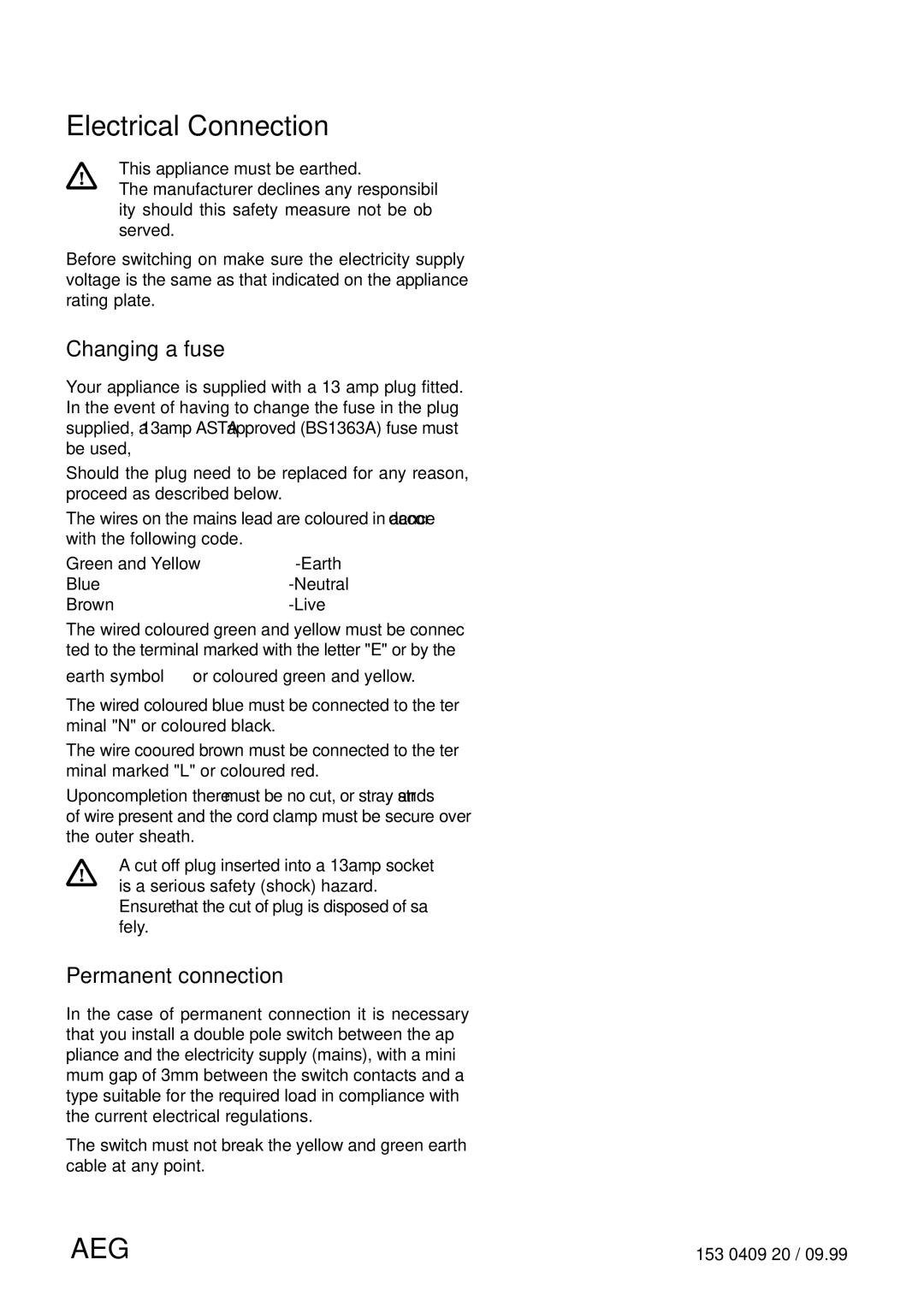 Electrolux 55750 manual Electrical Connection, Changing a fuse, Permanent connection 