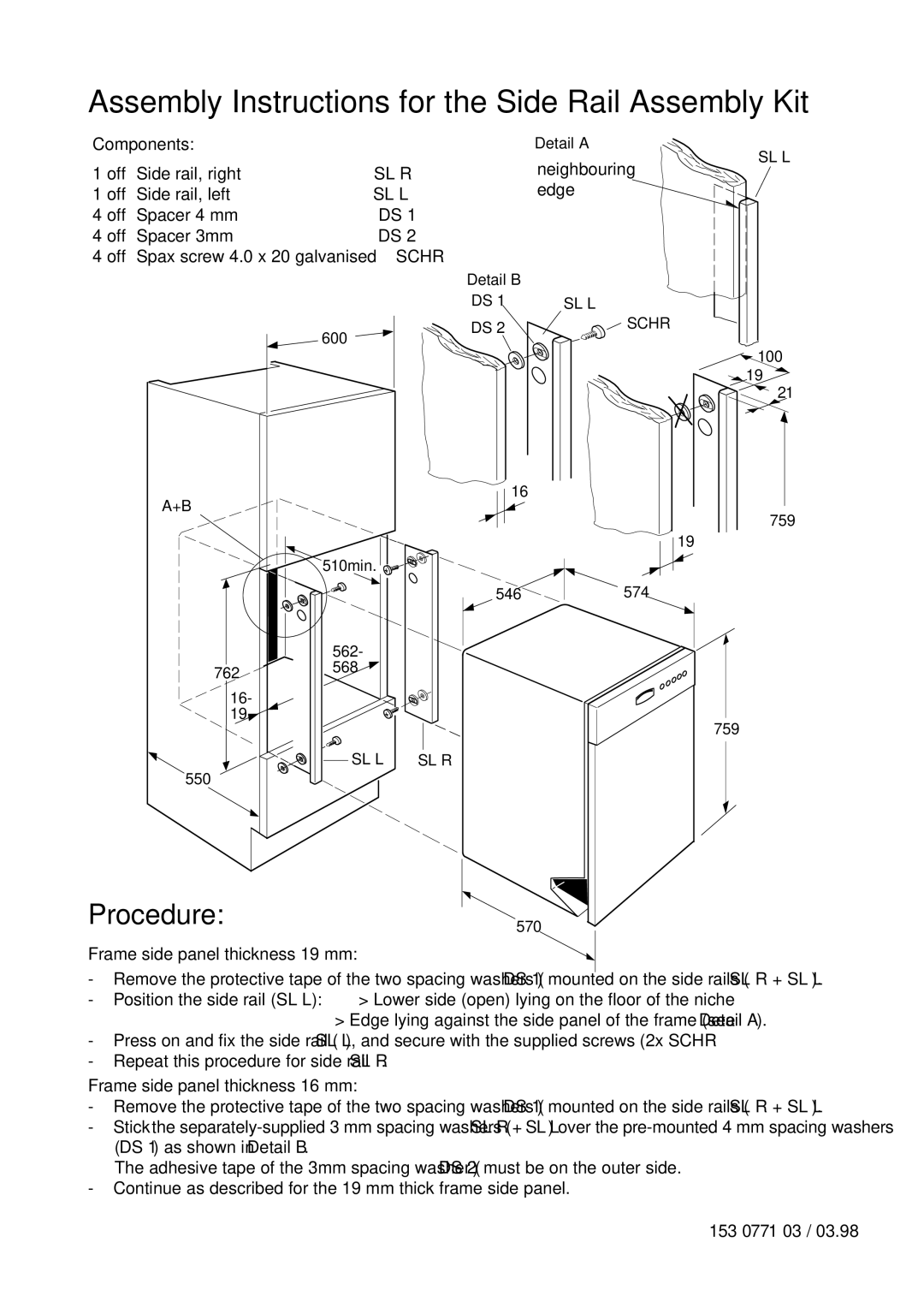 Electrolux 55750 manual Assembly Instructions for the Side Rail Assembly Kit, Procedure570 