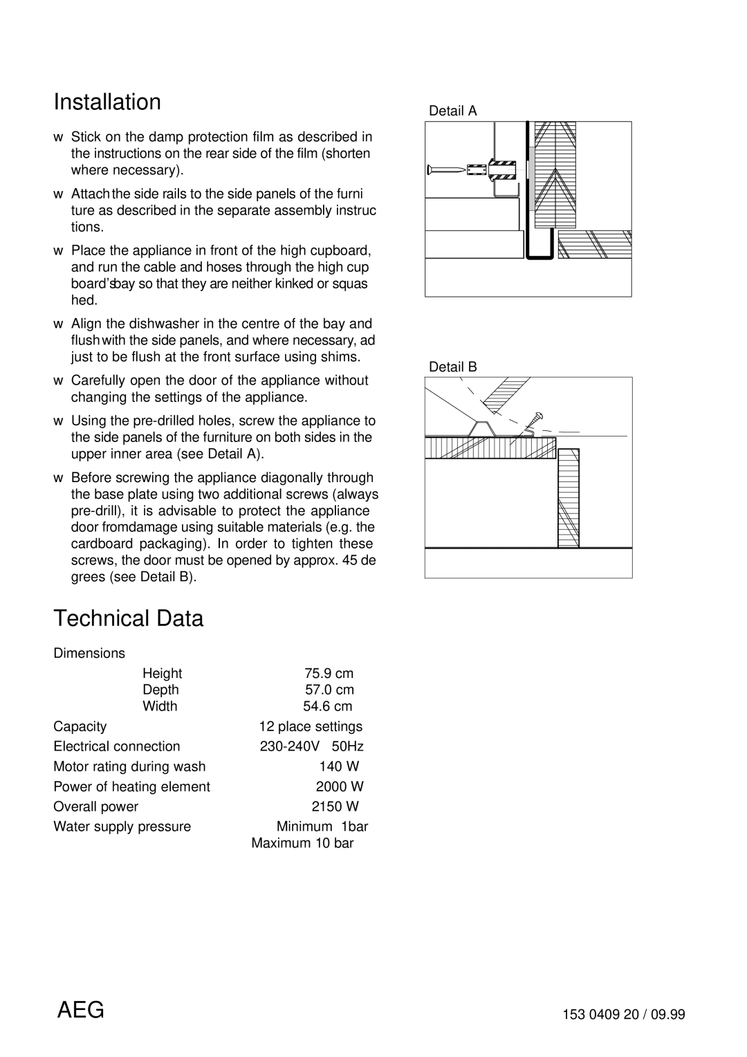 Electrolux 55750 manual Installation, Technical Data 