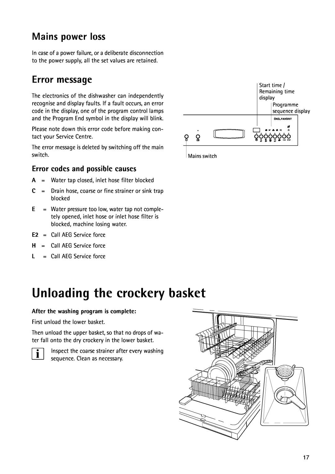 Electrolux 55750 manual Unloading the crockery basket, Mains power loss, Error message, Error codes and possible causes 