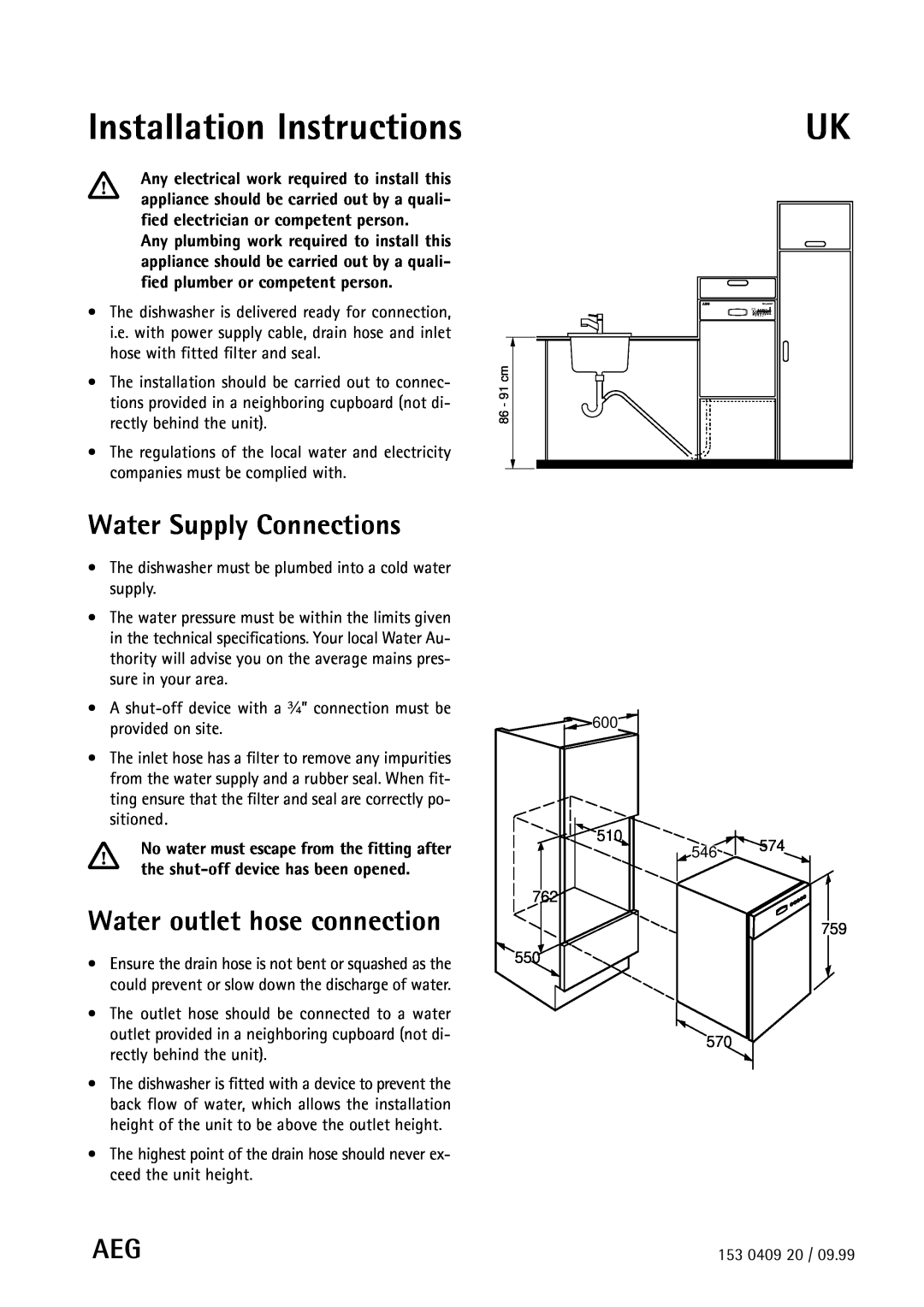 Electrolux 55750 manual Installation Instructions, Water Supply Connections, Water outlet hose connection 