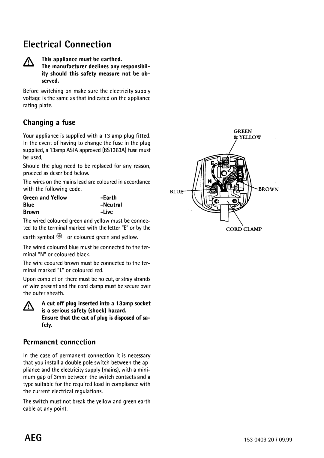 Electrolux 55750 manual Electrical Connection, Changing a fuse, Permanent connection 