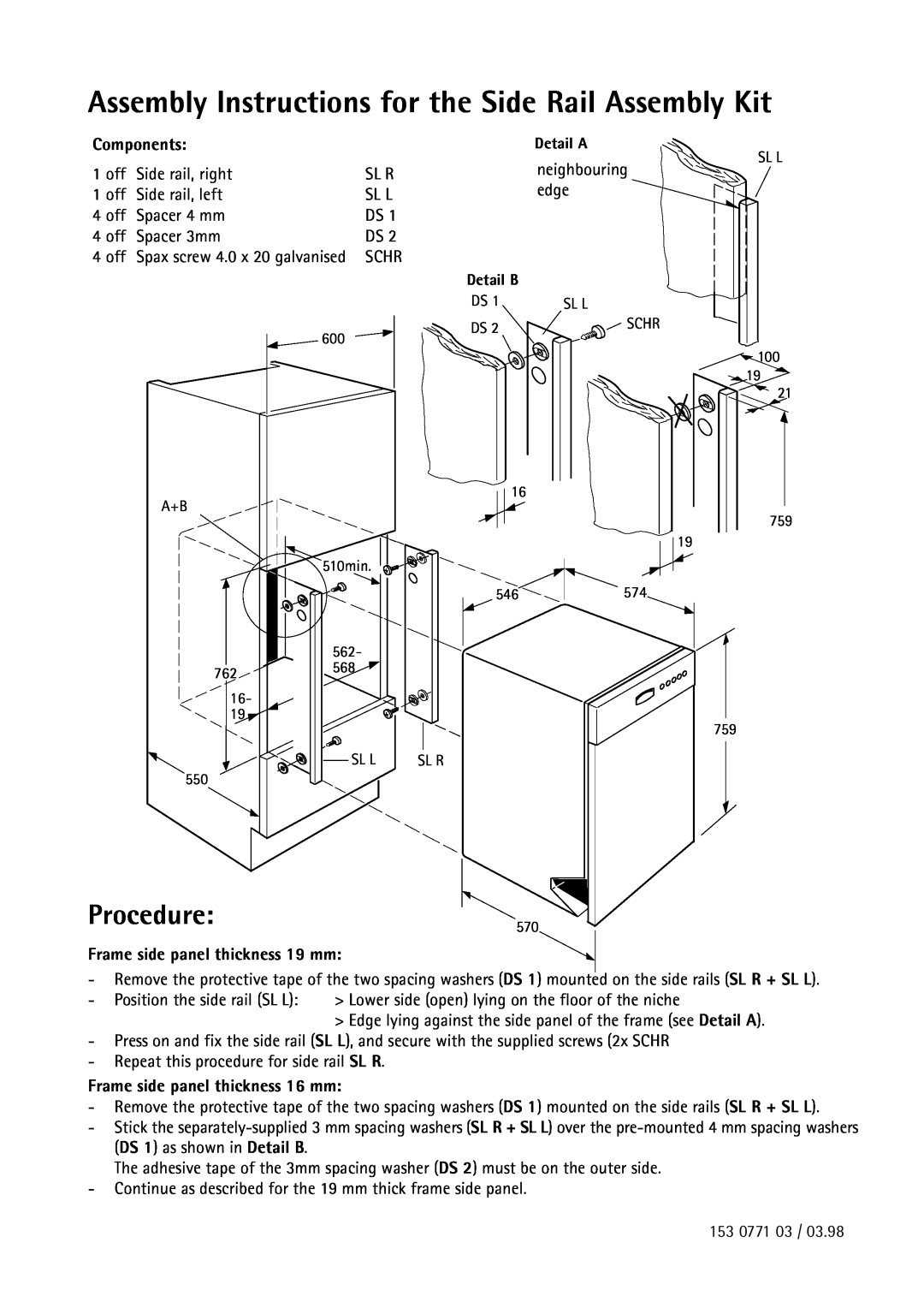 Electrolux 55750 manual Assembly Instructions for the Side Rail Assembly Kit, Procedure570 