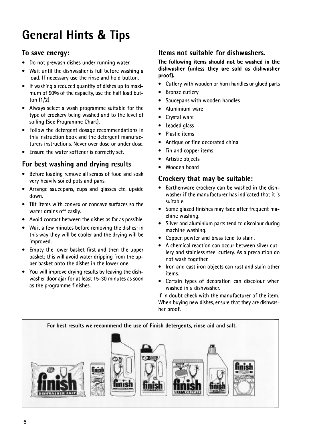 Electrolux 55750 General Hints & Tips, To save energy, For best washing and drying results, Crockery that may be suitable 