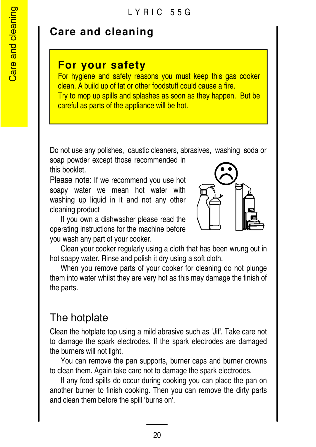 Electrolux 55G manual Care and cleaning For your safety, Hotplate 