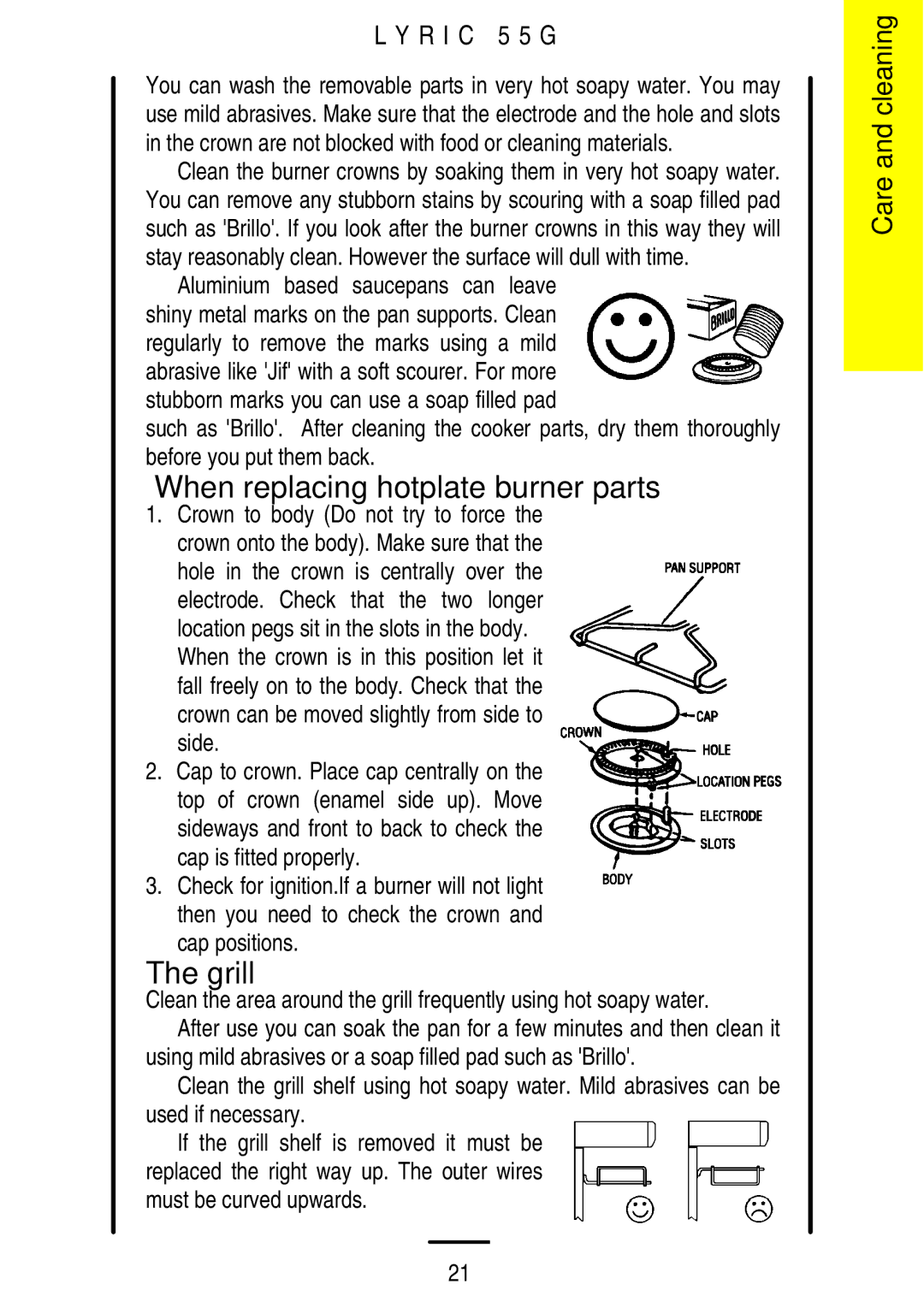 Electrolux 55G manual When replacing hotplate burner parts, Grill 