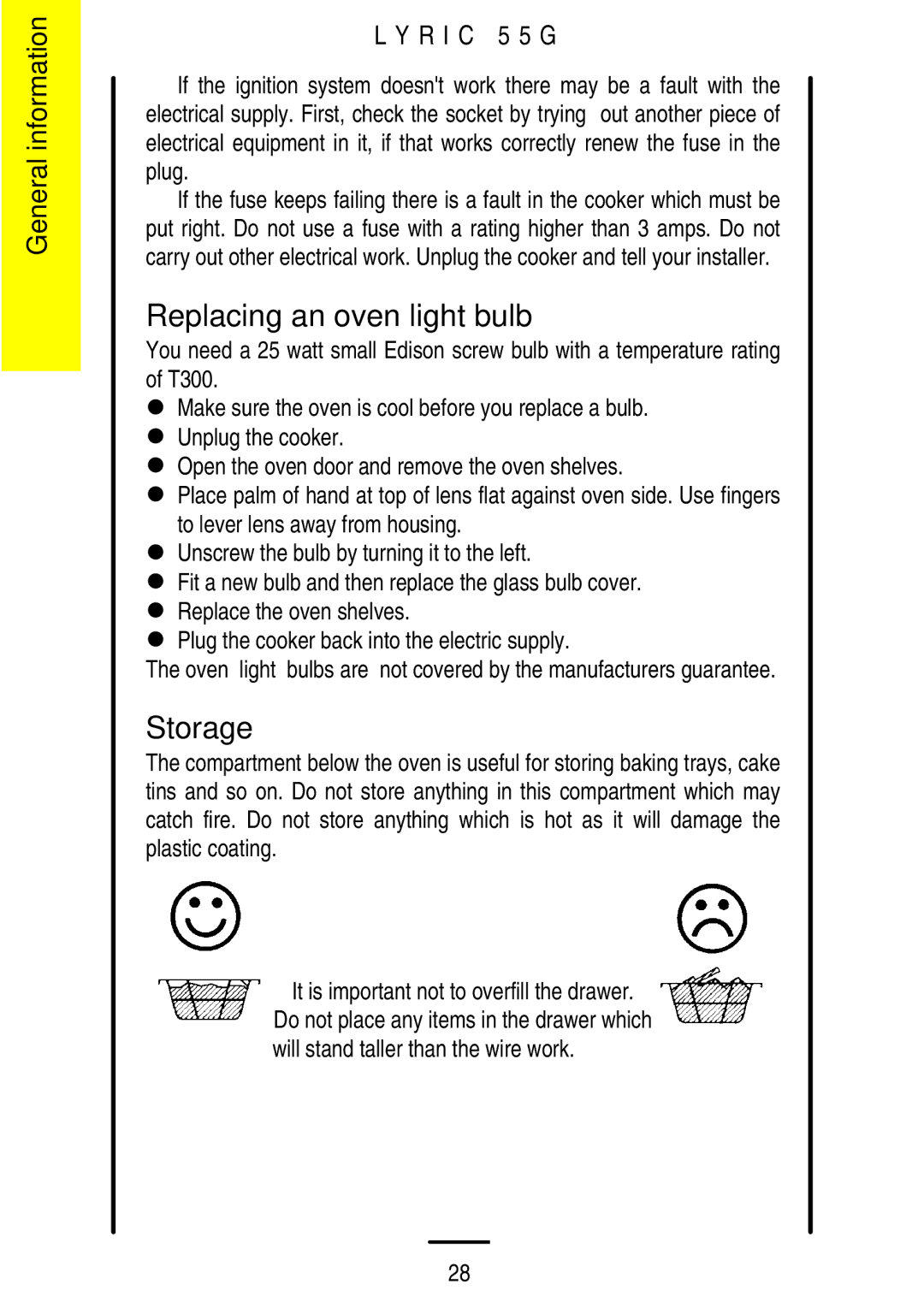 Electrolux 55G manual Replacing an oven light bulb, Storage 