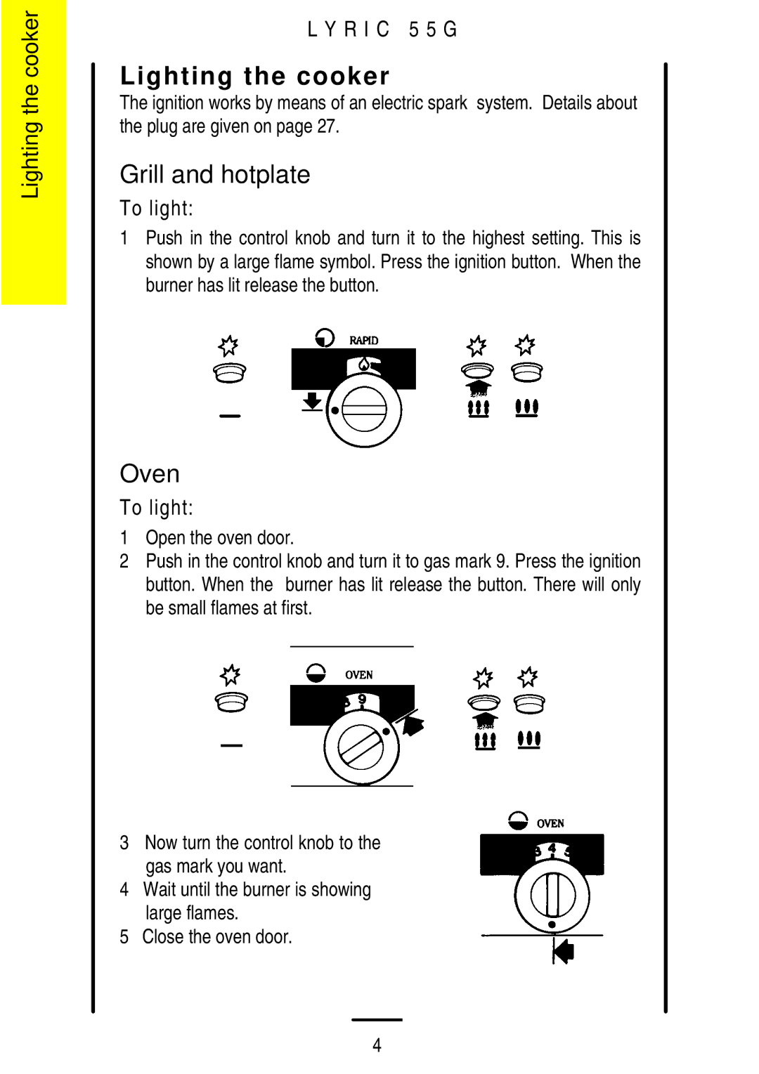 Electrolux 55G manual Lighting the cooker, Grill and hotplate, Oven 