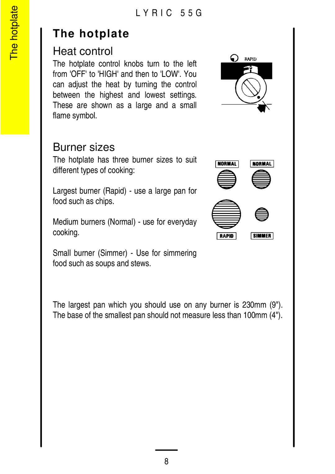 Electrolux 55G manual Hotplate, Burner sizes 