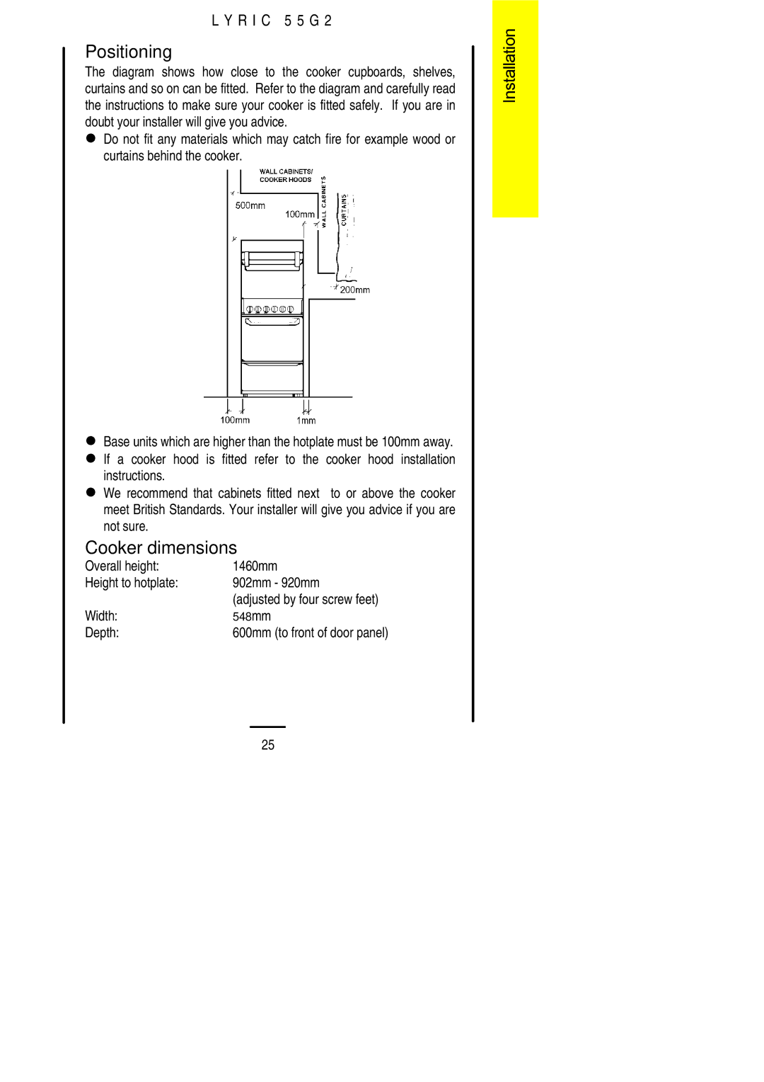 Electrolux 55G2 installation instructions Positioning, Cooker dimensions 