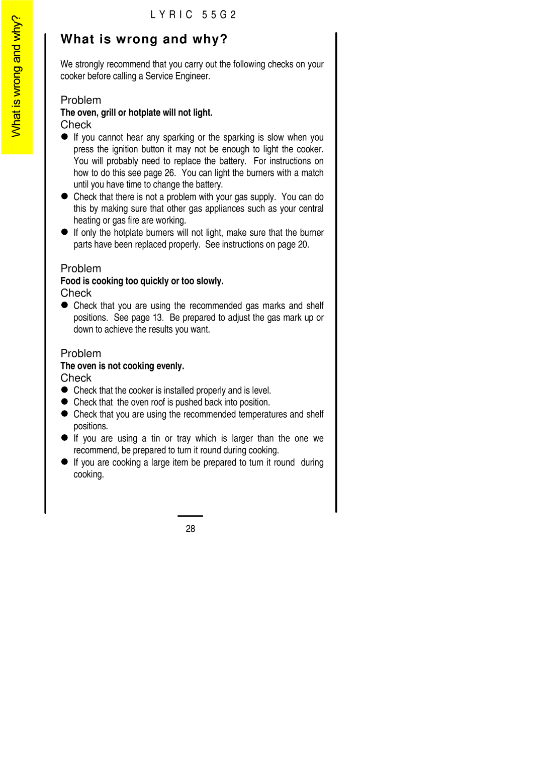 Electrolux 55G2 installation instructions What is wrong and why?, Problem, LCheck 