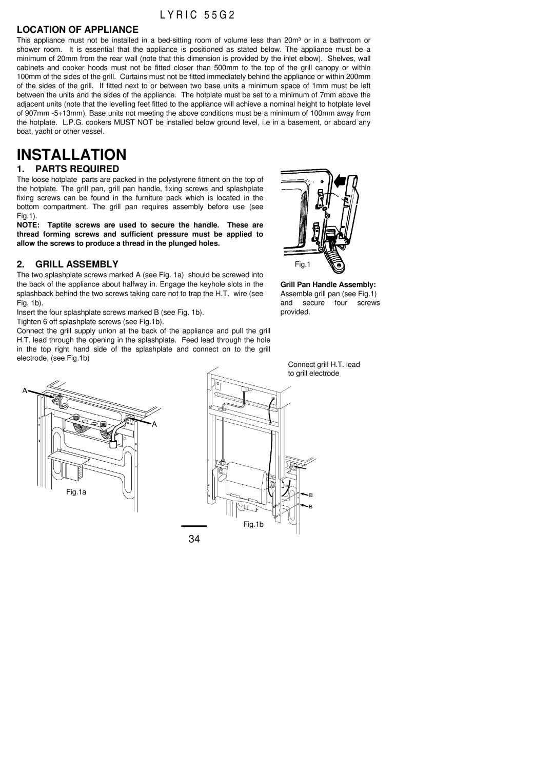 Electrolux 55G2 installation instructions Location of Appliance, Parts Required, Grill Assembly 