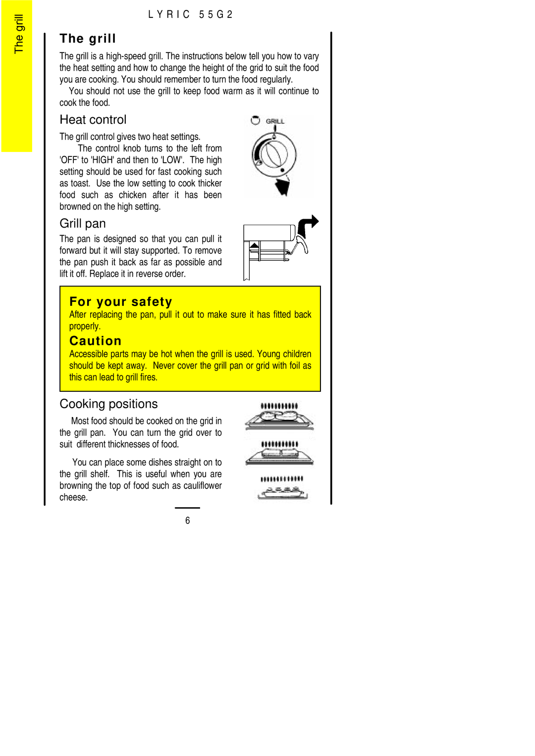 Electrolux 55G2 installation instructions Heat control, Grill pan, Cooking positions 