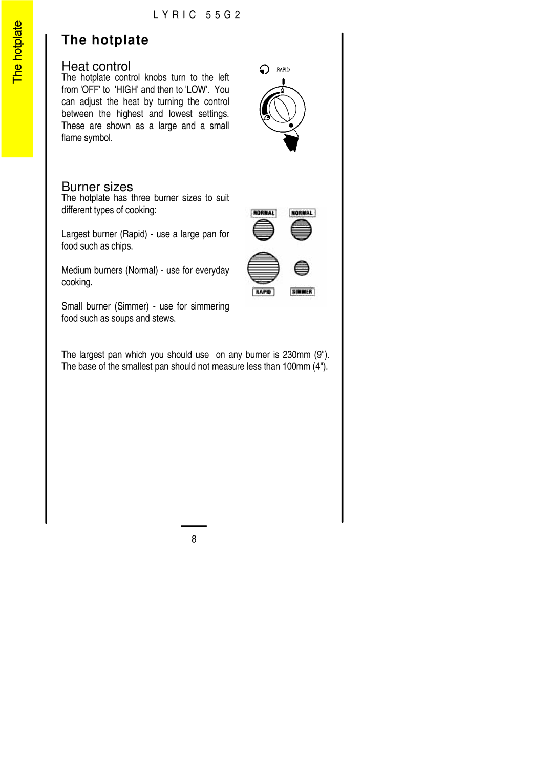 Electrolux 55G2 installation instructions Hotplate, Burner sizes 