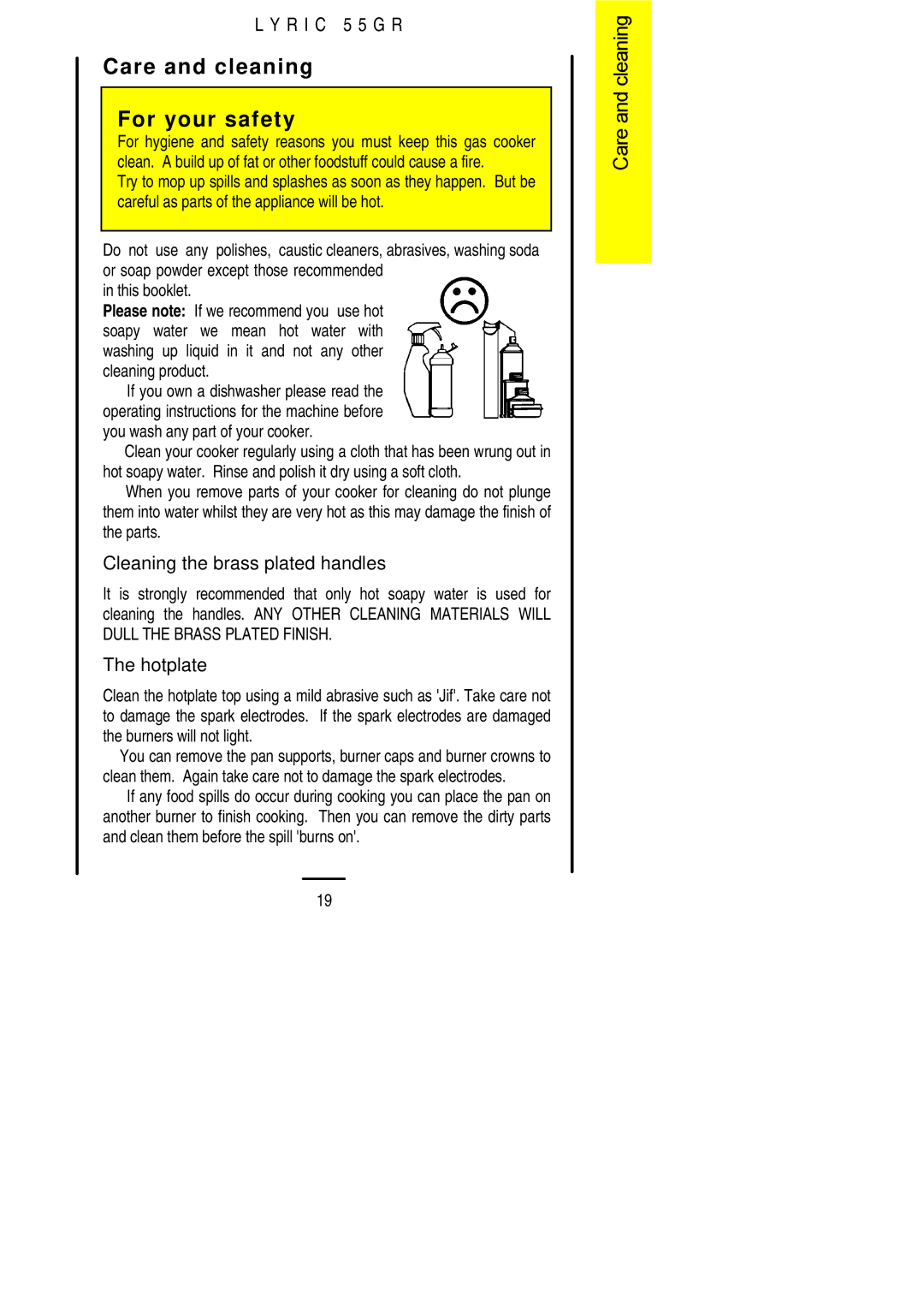 Electrolux 55GR installation instructions Care and cleaning For your safety, Cleaning the brass plated handles, Hotplate 