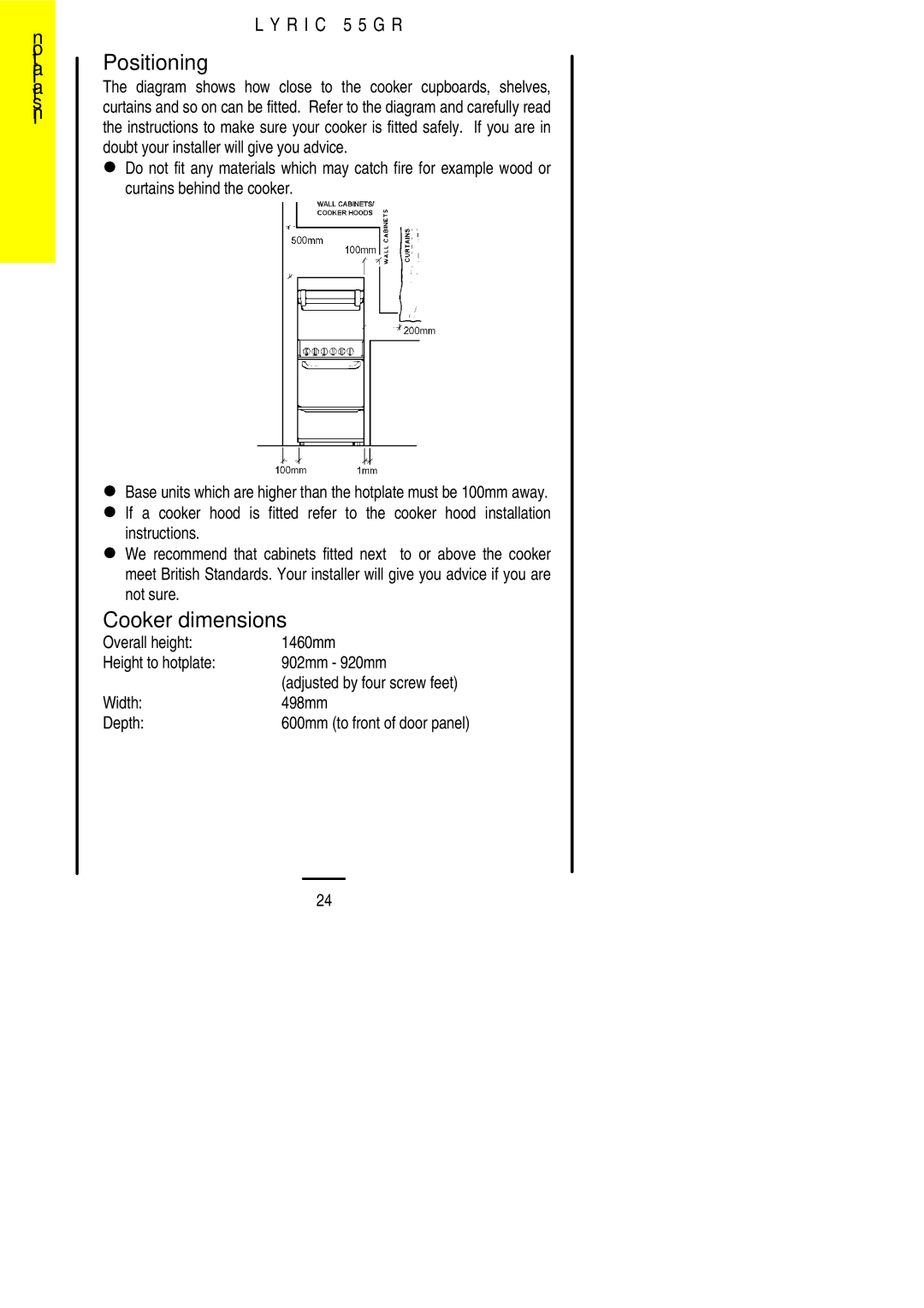 Electrolux 55GR installation instructions Positioning, Cooker dimensions 