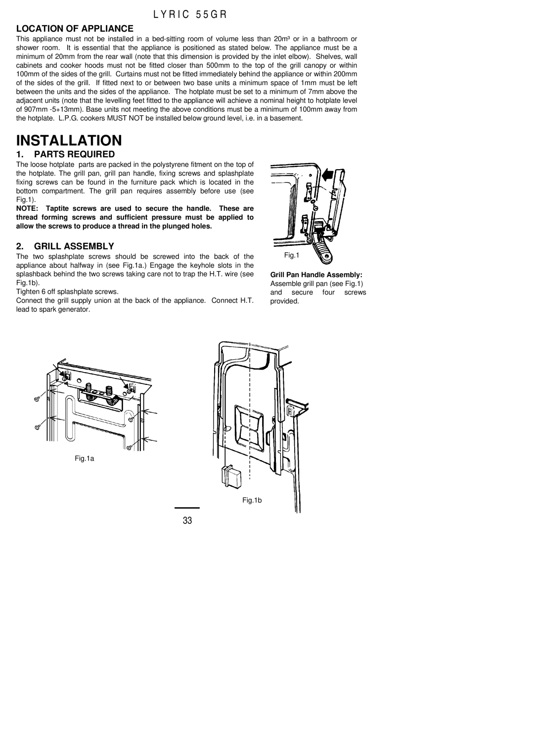 Electrolux 55GR installation instructions Location of Appliance, Parts Required, Grill Assembly 