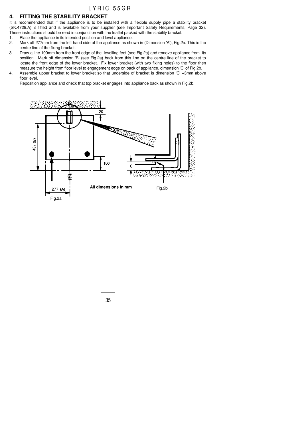 Electrolux 55GR installation instructions Fitting the Stability Bracket 