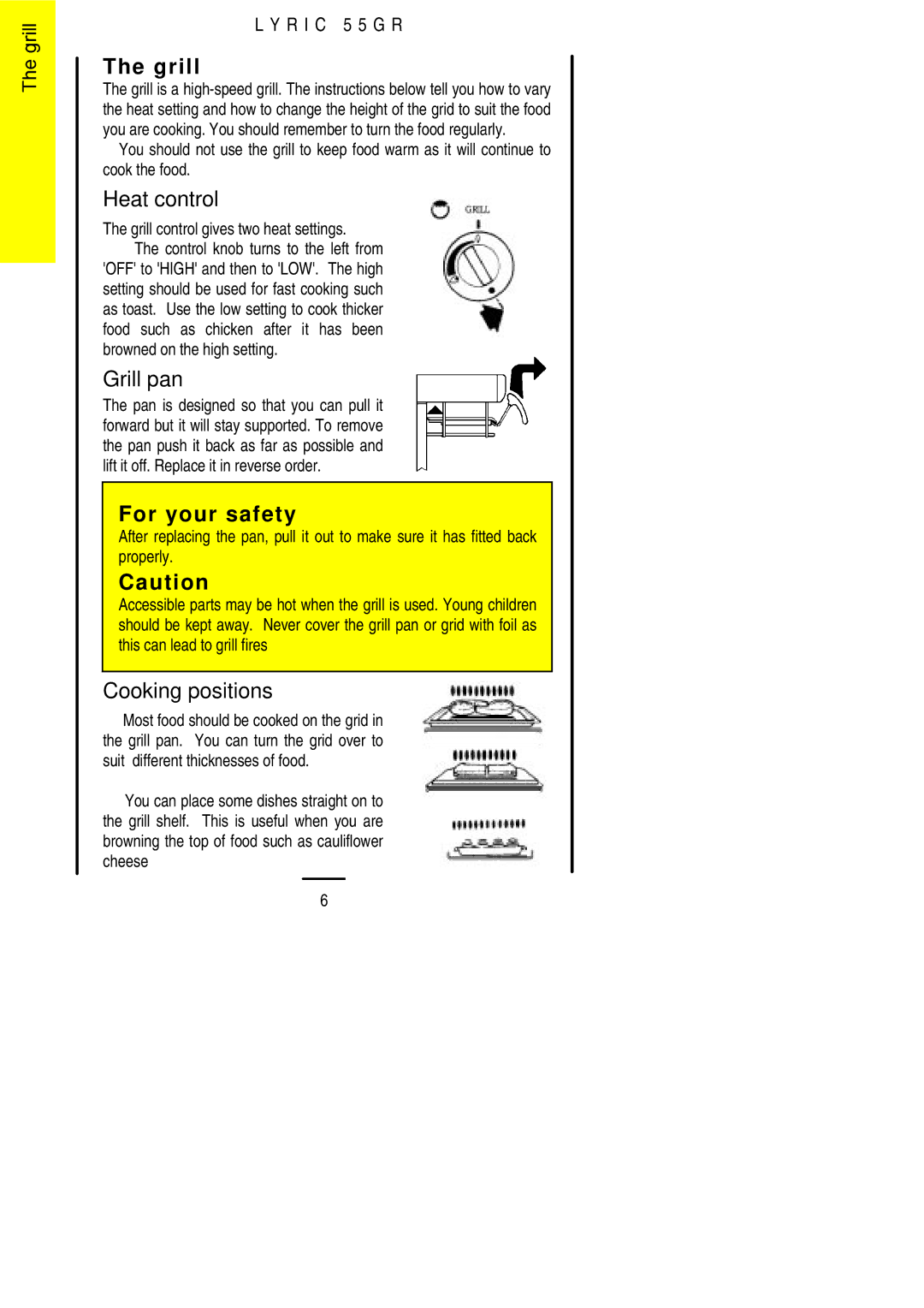 Electrolux 55GR installation instructions Heat control, Grill pan, Cooking positions 