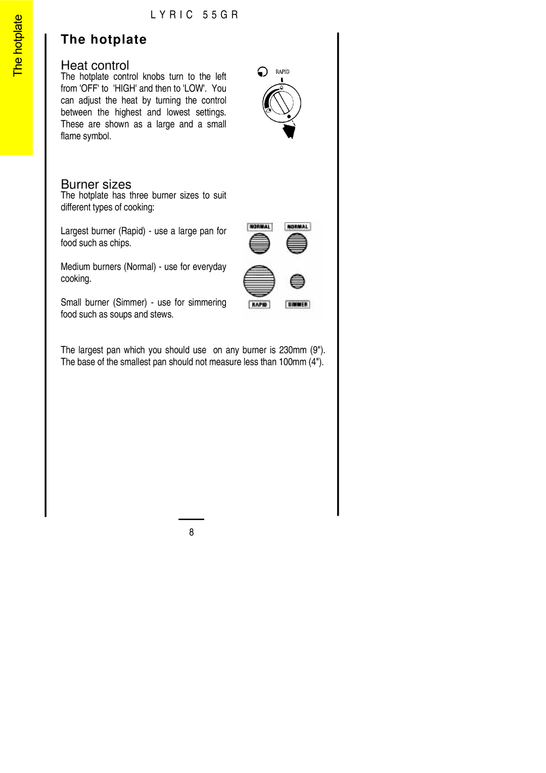 Electrolux 55GR installation instructions Hotplate, Burner sizes 