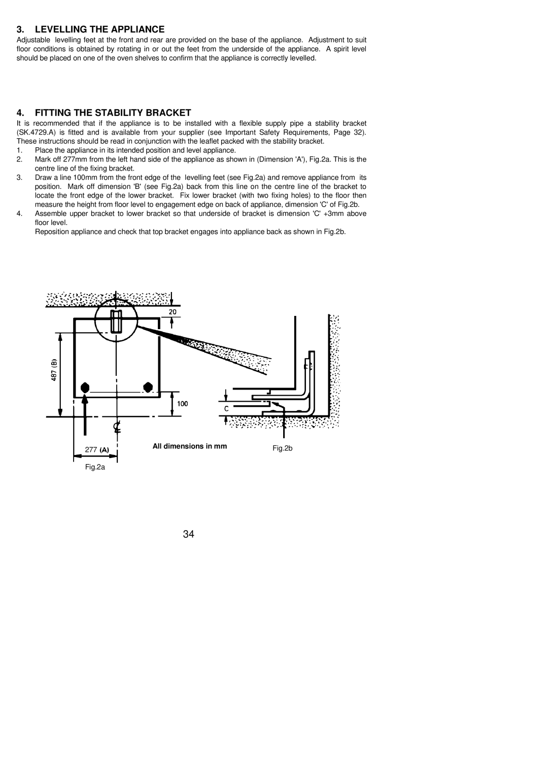 Electrolux 55GS1 installation instructions Levelling the Appliance, Fitting the Stability Bracket 