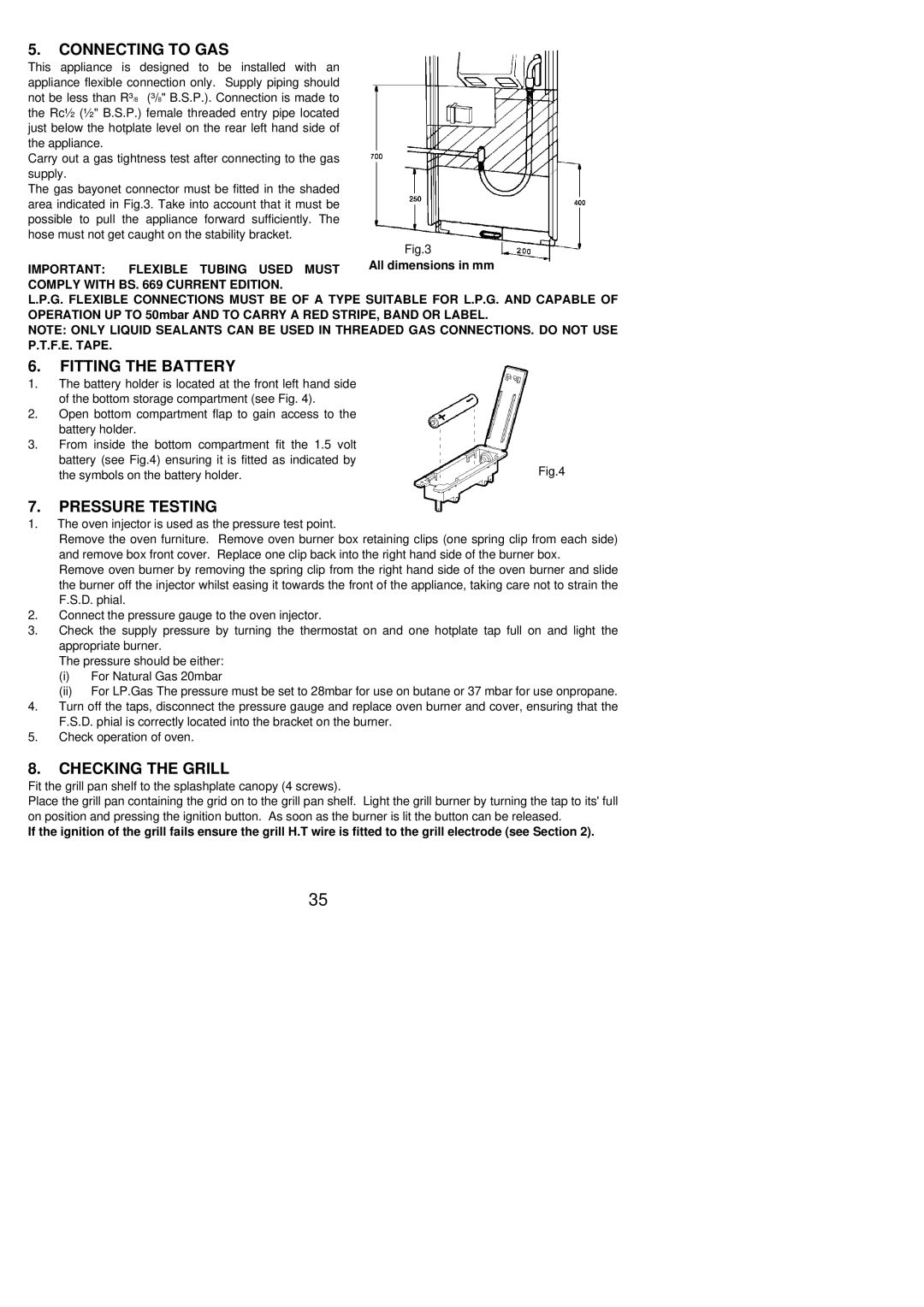 Electrolux 55GS1 installation instructions Connecting to GAS, Fitting the Battery, Pressure Testing, Checking the Grill 