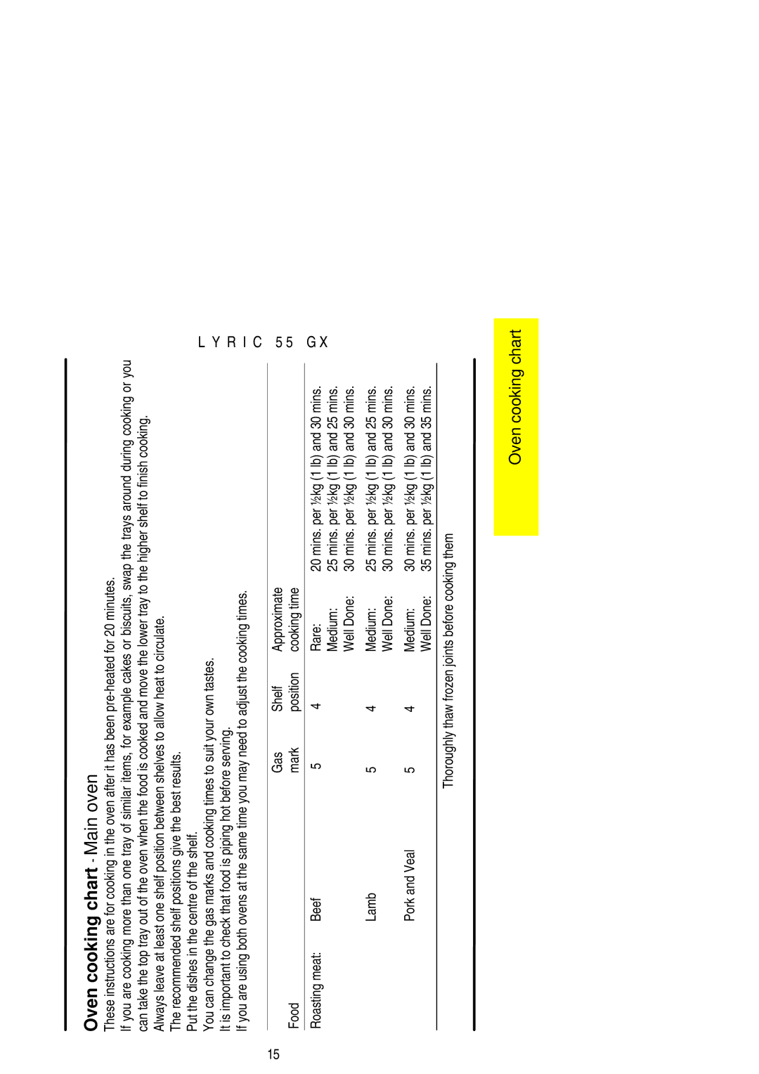 Electrolux 55GX installation instructions Oven cooking chart Main oven 