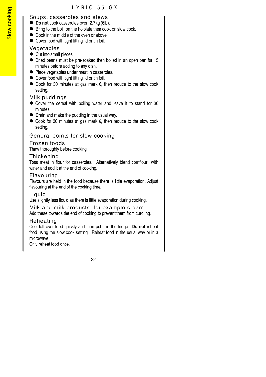 Electrolux 55GX installation instructions Cover food with tight fitting lid or tin foil, Thaw thoroughly before cooking 