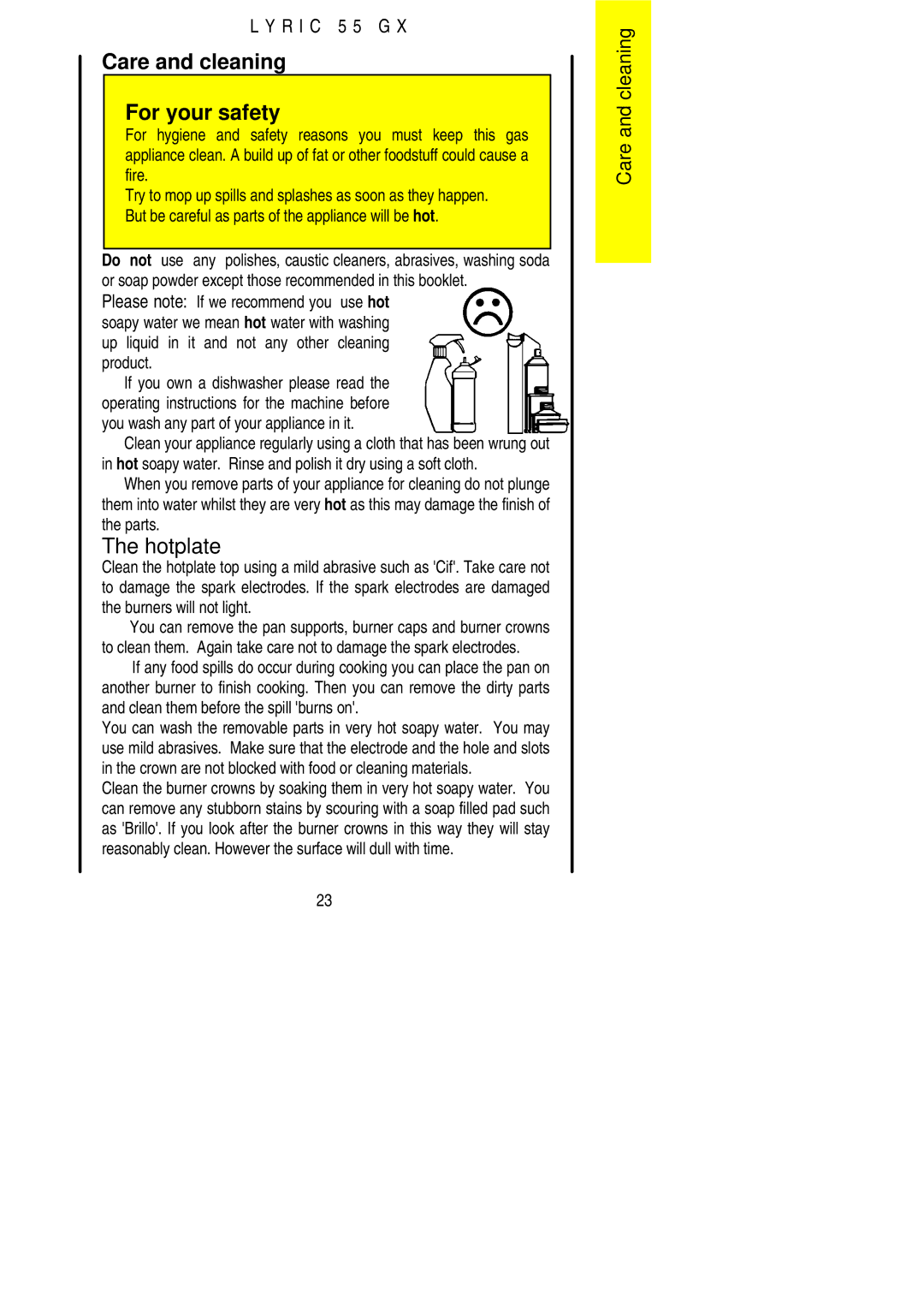 Electrolux 55GX installation instructions Care and cleaning For your safety, Hotplate 