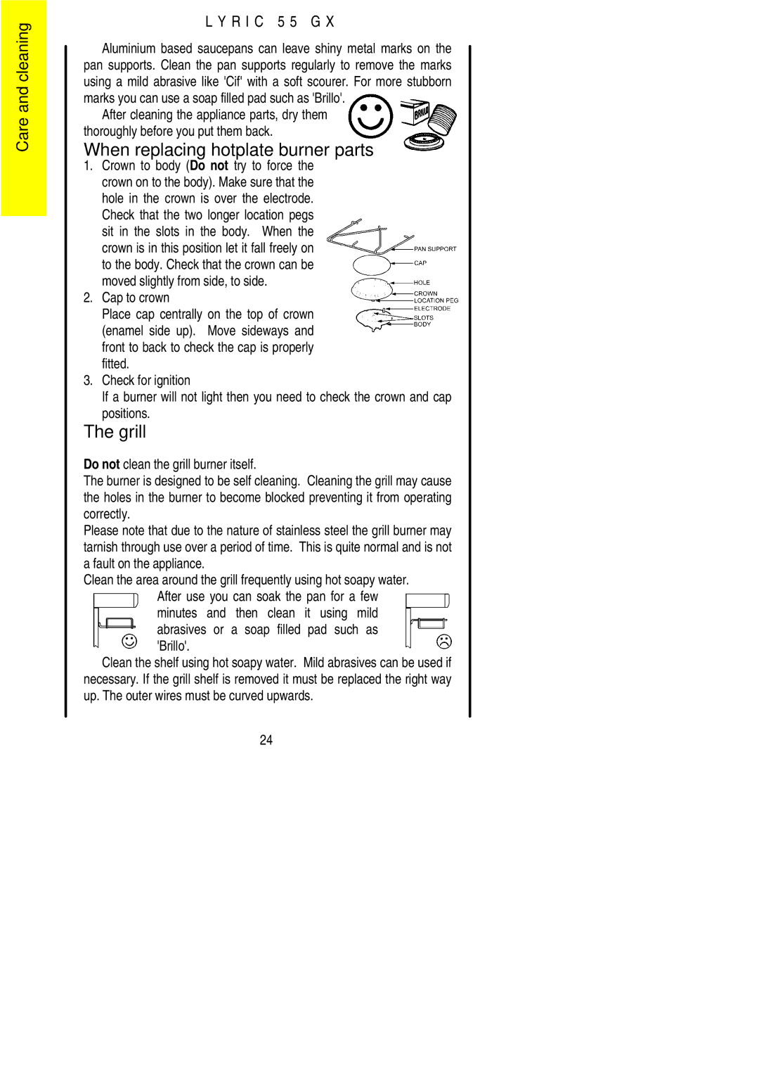 Electrolux 55GX installation instructions When replacing hotplate burner parts, Grill 