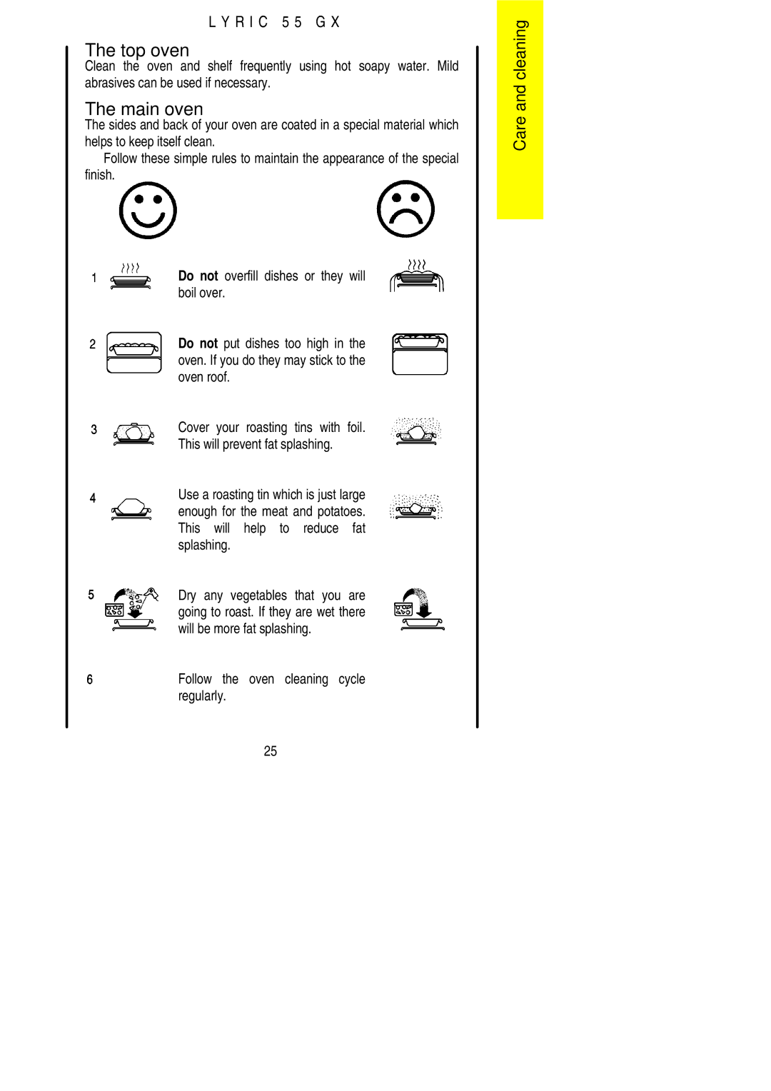 Electrolux 55GX installation instructions Top oven, Follow the oven cleaning cycle regularly 