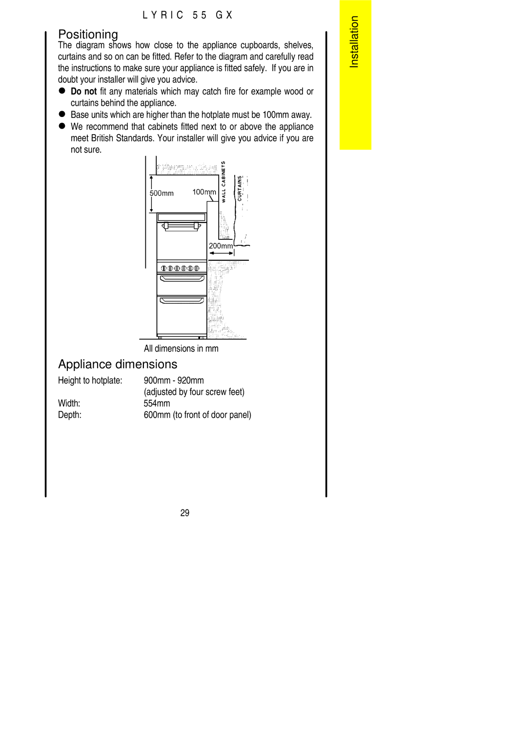 Electrolux 55GX Positioning, Appliance dimensions, Height to hotplate 900mm 920mm, Width 554mm Depth 